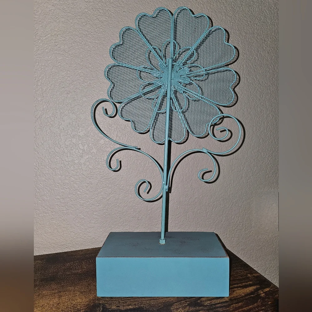 Blue Metal Flower Jewelry Holder on Wooden Stand with Drawer